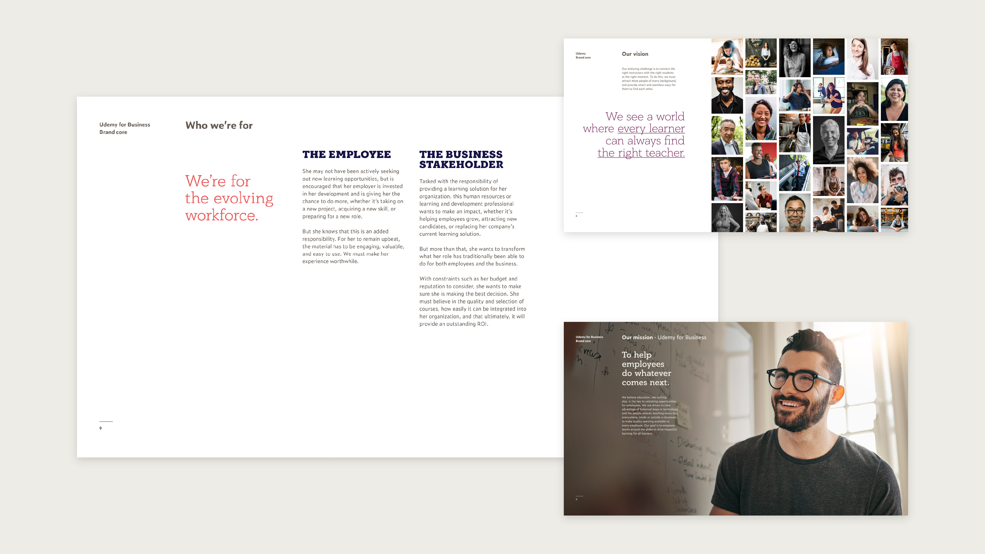 Udemy for Business Brand Book - Screenshot of the brand core, vision, and mission pages.