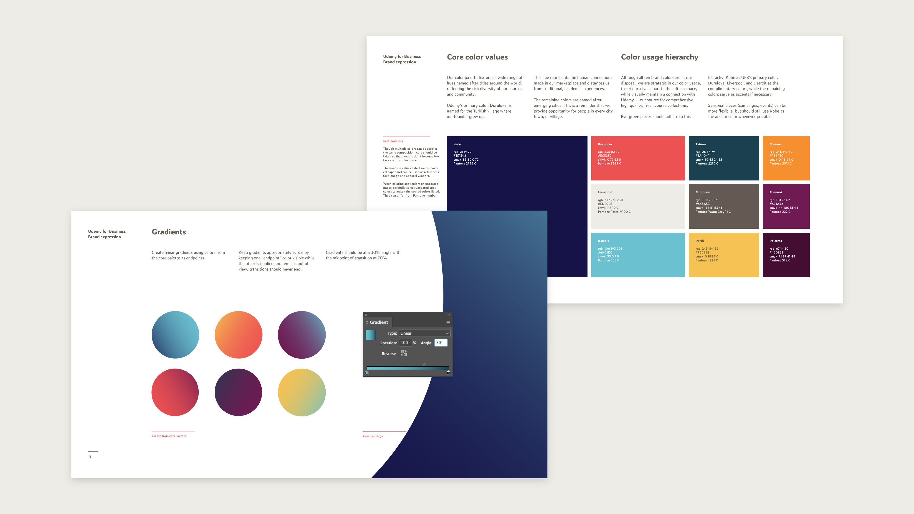Udemy for Business Brand Book - Screenshot of brand expression (color guidelines) pages.