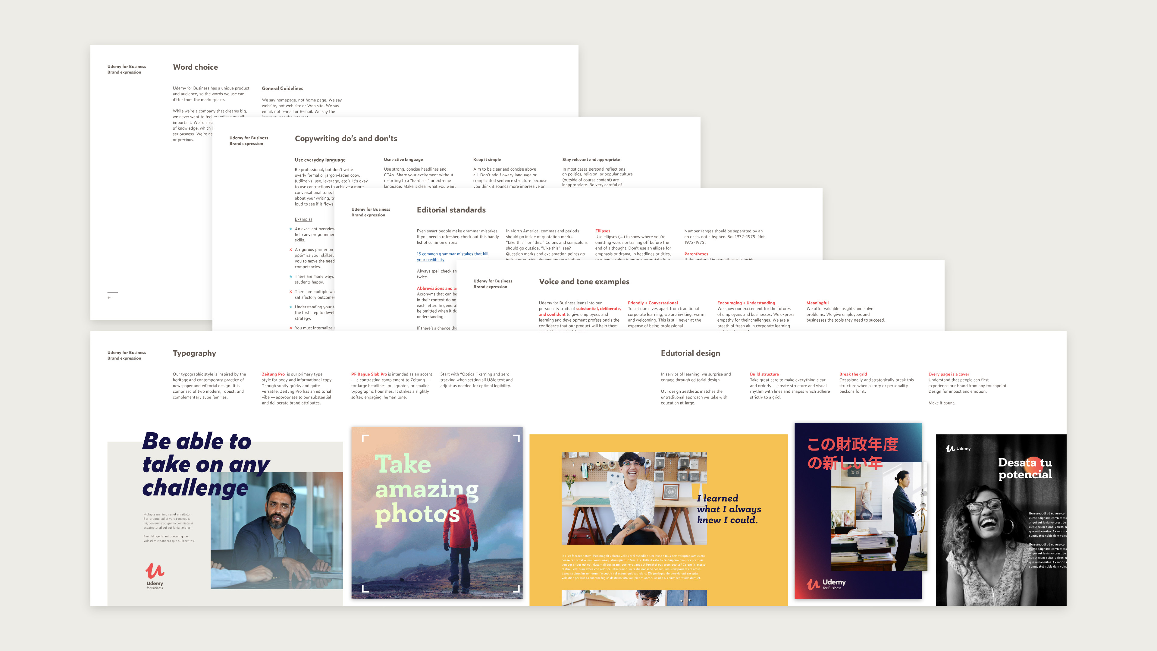Udemy for Business Brand Book - Screenshot of brand expression (copywriting, typography, editorial standards, voice and tone) pages.
